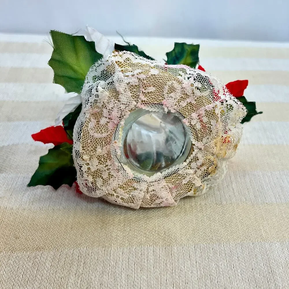 Clear Glass Angel Candleholder Vintage Christmas Artificial Poinsettias 4.25